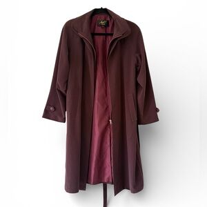 Burgundy Belted Zip Trench Coat Long Jacket Women’s Size M